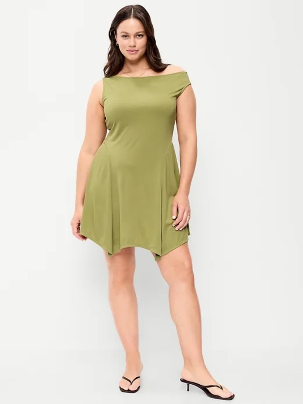 Old Navy Olive Off-Shoulder Asymmetrical Handkerchief Dress